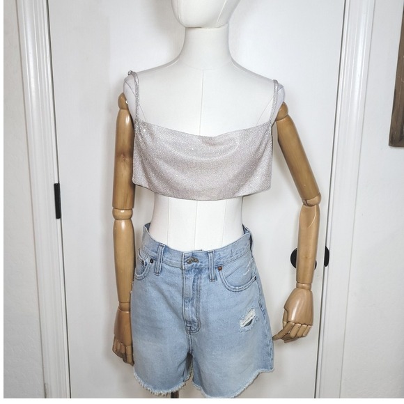 SLA The Label Shimmer Crop Top Silver Metallic Cowl Neck Size XL NWT - Picture 1 of 7